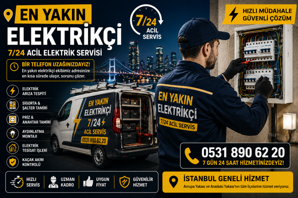 En yakın elektrikçi ekiplerimiz İstanbul’un tüm ilçelerinde sigorta arızası, priz tamiri, elektrik tesisatı, kaçak akım kontrolü ve acil elektrik sorunlarına 7/24 hızlı servis desteği sunmaktadır. Mobil servis araçlarımız ve uzman ustalarımız ile kısa sürede adresinizdeyiz. 0531 890 62 20